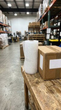 A pristine roll of protective bubble wrap resting beside a cardboard box on a rustic wooden workbench within a vast organized industrial warehouse facility
