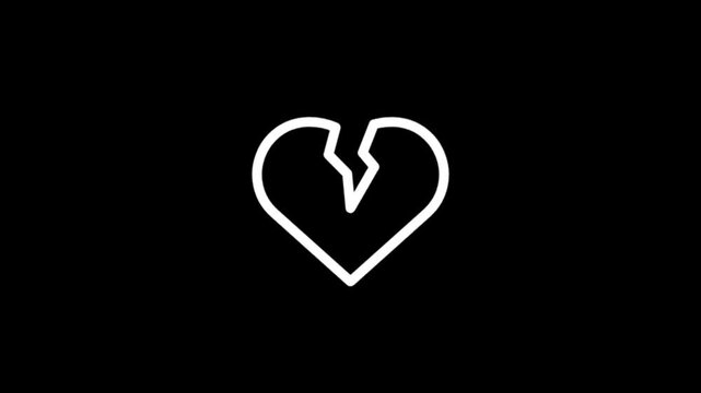 Animated broken heart icon with arrow pointing down on black background