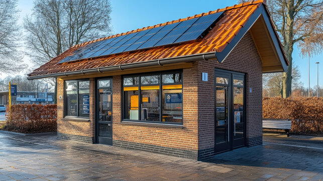 Small brick kiosk with solar panels on the roof, modern sustainable small business building, outdoor view.