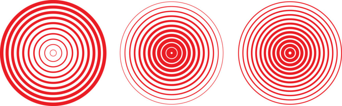 red concentric ripple circle icon set. sonar radar pulse signal vibration symbols. radio sound wave