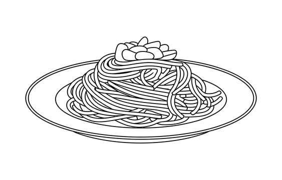 Black and white line art drawing of a plate of spaghetti pasta with meatballs