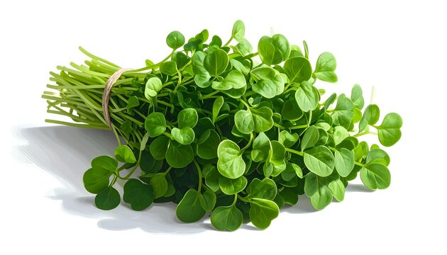 A tied rustic bundle of fresh tender green watercress greens displaying slender stalks on white backdrop