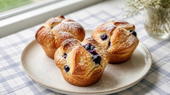 Three blueberry popovers artfully arranged on a ceramic plate high fidelity v2-6x