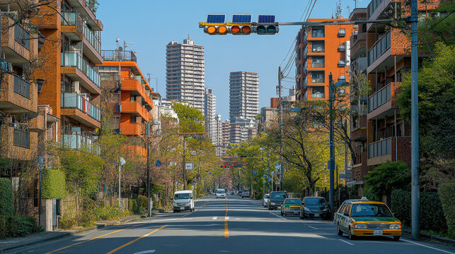Urban street scene with traffic light, buildings, cars, and trees in Tokyo, Japan