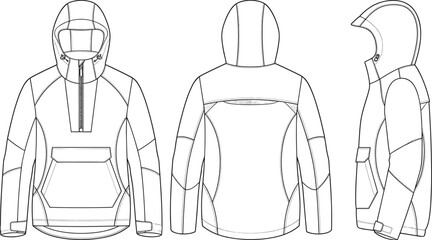 Hooded anorak pullover jacket technical fashion flat sketch vector template front back and side views © Shefaly