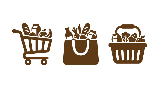 Set of shopping icons featuring a cart reusable tote bag basket filled with groceries shopping groceries supermarket purchase consumer consumables lifestyle commerce