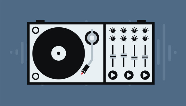 Graphic vector illustration of a professional vinyl record turntable and DJ audio mixer on a dark background.