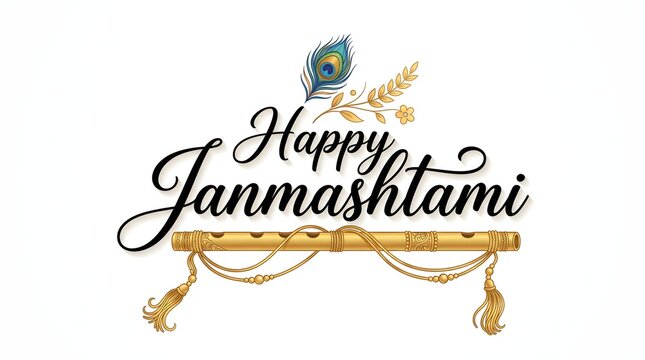 Happy Janmashtami Greeting with Golden Flute Peacock Feather and Hanging Beads on White Background