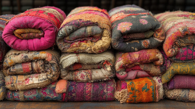 Vibrant Hand-Woven Blankets Stacked, Textured Textiles, Bohemian Style, Cozy Home Decor, Ethnic Patterns