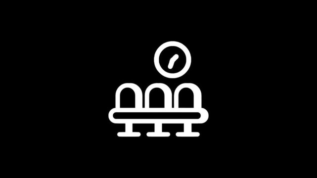 Animated icon of a clock above a waiting room bench