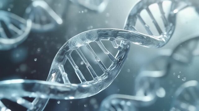 DNA helix structures rotating in blue light during scientific discovery with bokeh effect