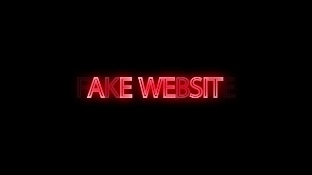 Fake website glowing neon text displays internet phishing threat concept on dark background.
