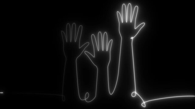 Continuous neon single line drawing of a group of hands raised up animation. The concept of voting, elections on Motion graphic 4k animation video.