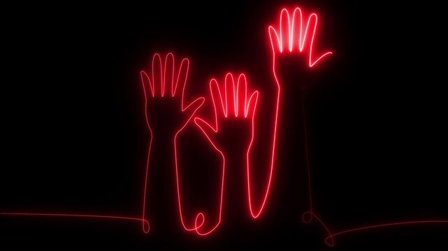 Continuous neon single line drawing of a group of hands raised up animation. The concept of voting, elections on Motion graphic 4k animation video.
