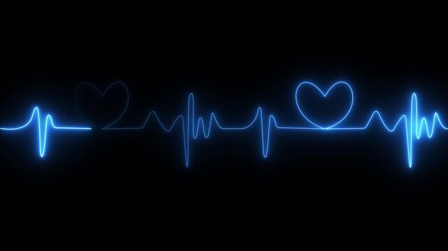 Heart pulse waveform with glowing blue heartbeat line and outlined hearts across a dark black background, romantic medical inspired digital visual design