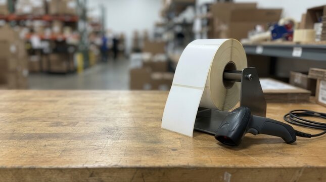 Warehouse Logistics Setup Featuring a Thermal Label Printer Roll and Handheld Barcode Scanner on a Sturdy Wooden Workbench for Efficient Shipping