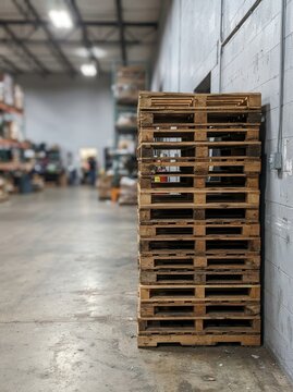 A vertical stack of weathered wooden shipping pallets resting against a textured gray industrial warehouse wall in a professional logistics distribution center