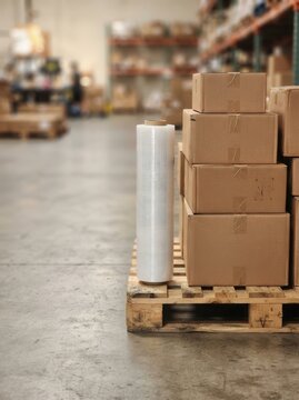 A meticulously composed industrial tableau featuring a stack of cardboard parcels resting on a wooden pallet captured within the vast quietude of a warehouse