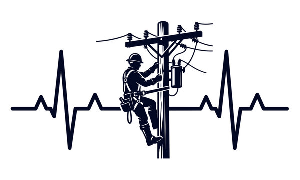 Utility worker climbing power pole with heartbeat line silhouette symbolizing energy, electricity, and vital infrastructure safety