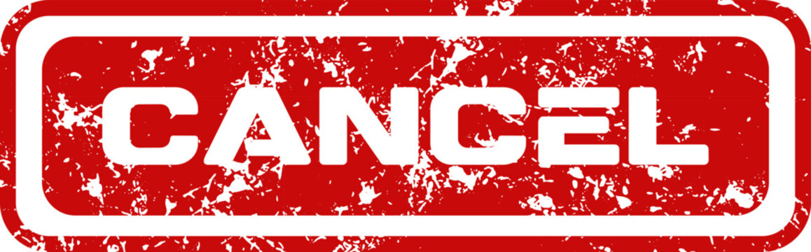 A worn and distressed red cancel button is shown isolated on a plain white backdrop symbolizing the termination of a process or