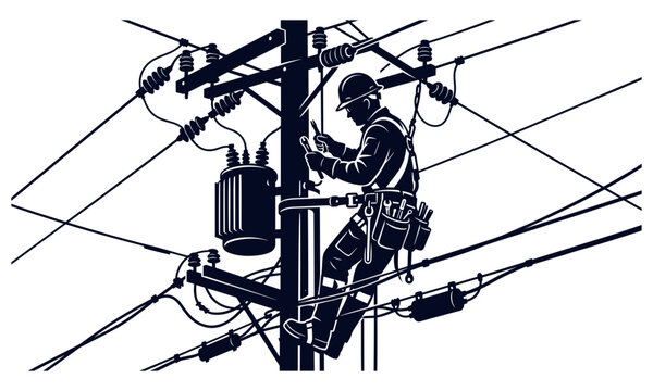 Utility lineworker on electrical pole performing maintenance with safety gear, transformer, and power distribution equipment silhouette