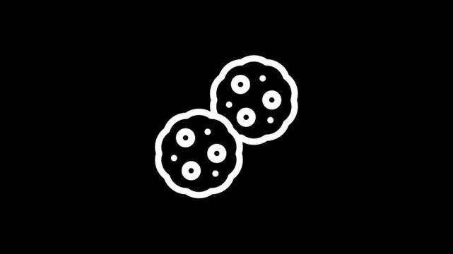 Animated white icons of cells dividing and multiplying on a black background