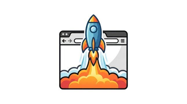 Digital browser icon with a rocket ship launching from fire and smoke clouds.