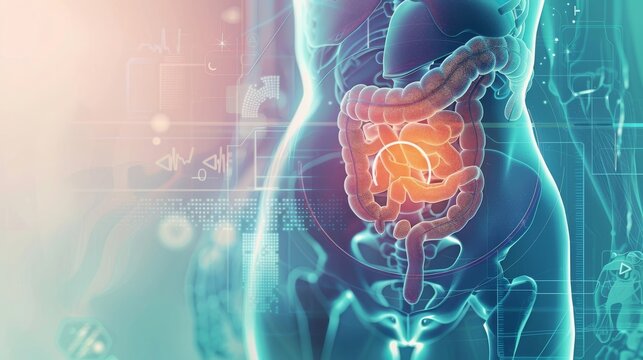 Human lower gastrointestinal system 3D medical scan, futuristic digital HUD interface overlay on translucent pelvic human anatomy