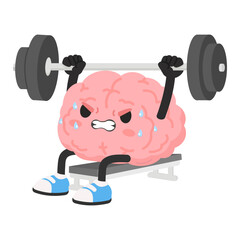 Cartoon Brain Character Lifting Heavy Barbell on Bench Press