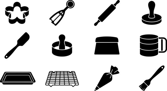 Baking utensils and pastry prep tools vector set featuring cookie cutter, rolling pin, dough scraper, and sifter silhouettes