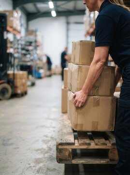 A diligent warehouse worker carefully stacking cardboard parcels on a wooden pallet within a bustling industrial distribution center for efficient supply logistics