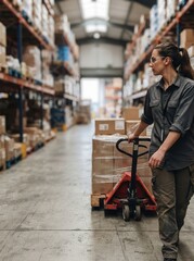 Obraz premium A Diligent Professional Operates a Pallet Jack Amidst Towering Shelves in a Bustling Industrial Warehouse for Efficient Global Logistics and Supply Chain Management