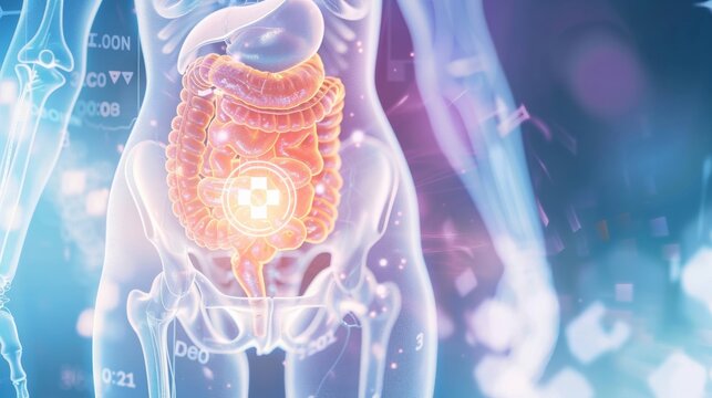 3D medical visualization of human intestines, futuristic healthcare HUD scan overlay on translucent human lower torso anatomy