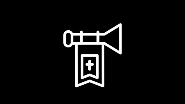 Animated heraldic trumpet icons with banners and sound waves on black background
