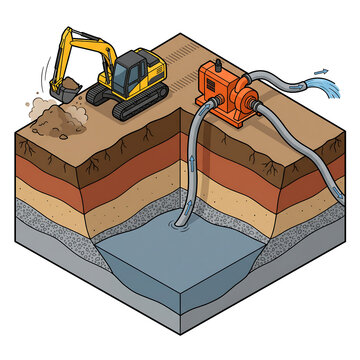 Illustration of excavation project, Groundwater drainage and soil strata cross section