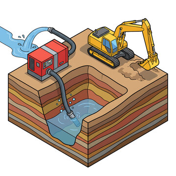 Illustration of excavation project, Isometric vector of dewatering and excavation