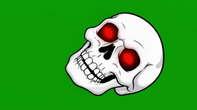 Scary Human Skull with Glowing Red Eyes on Green Screen. 4K Video