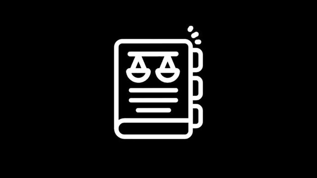 Legal document icon with scales of justice and text on black background