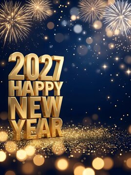 Stunning vertical Happy New Year 2027 poster featuring 3D golden typography, sparkling fireworks, and glowing gold bokeh particles on a deep navy background.