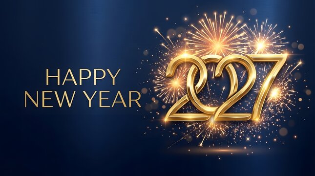 Luxurious Happy New Year 2027 greeting card background featuring shiny golden 3D numbers and brilliant fireworks over a dark navy blue backdrop with glittering lights.