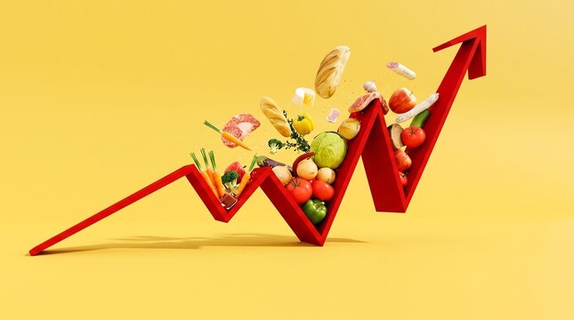 Upward red arrow and flying food for inflation concept