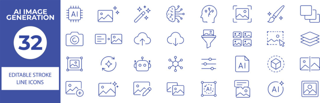 32 AI Image Generation Vector Outline Icons Set,Artificial Intelligence, Generative AI, Image Creation, Photo Editing, Machine Learning and Digital Art Line Symbols Collection