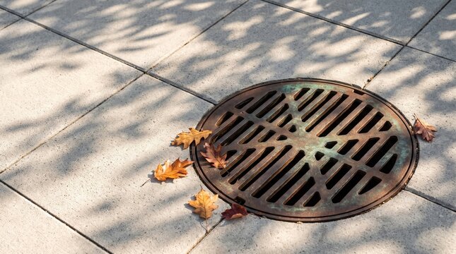 Storm drain sewer grate cover sits embedded in concrete sidewalk with dry autumn leaves resting on iron bars under sunlight and leafy shadows
