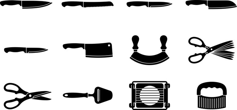 Kitchen knives and cutting tools vector set featuring chef knives, cleavers, and slicing gear silhouettes