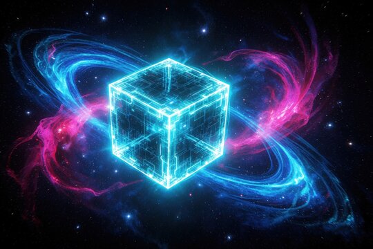 Abstract futuristic glowing blue cube floats in deep space galaxy. Neon digital geometry shines amid colorful pink, blue nebula clouds. Quantum computing concept with high tech data storage