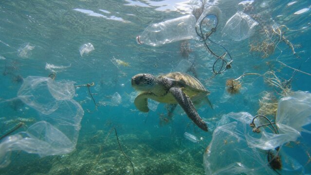 Turtle Navigating Plastic Pollution: A sea turtle swims through a murky ocean filled with various plastic debris.