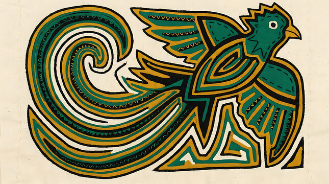 Reverse applique quetzal, layered fabric folk art print