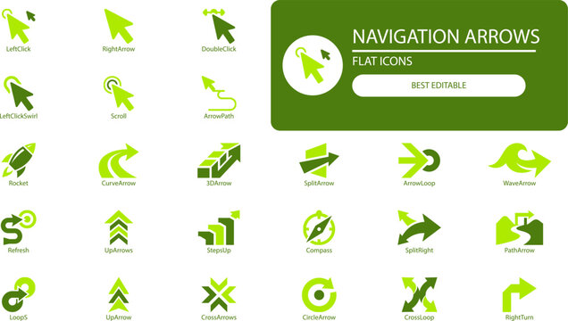 Navigation arrows icons set. Black silhouette vector collection of cursor, direction and movement symbols for web and UI design