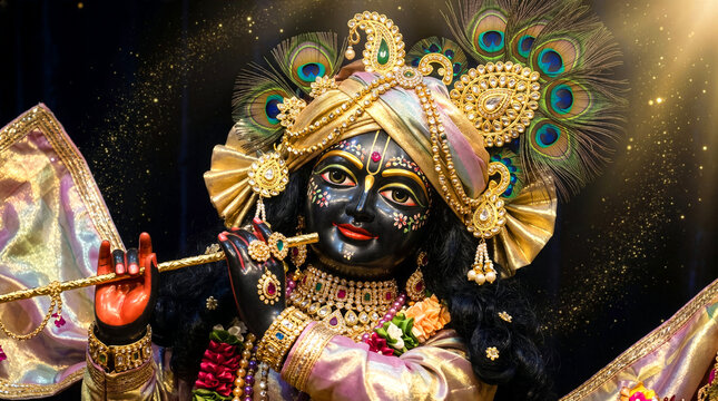 Lord Krishna black marble idol playing golden flute adorned with ornate jeweled turban, peacock feathers, and sparkling bokeh