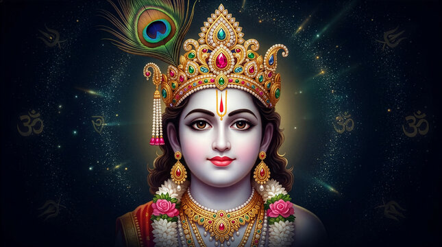 Lord Krishna wearing an ornate golden jeweled crown with peacock feather on a cosmic Om symbol background